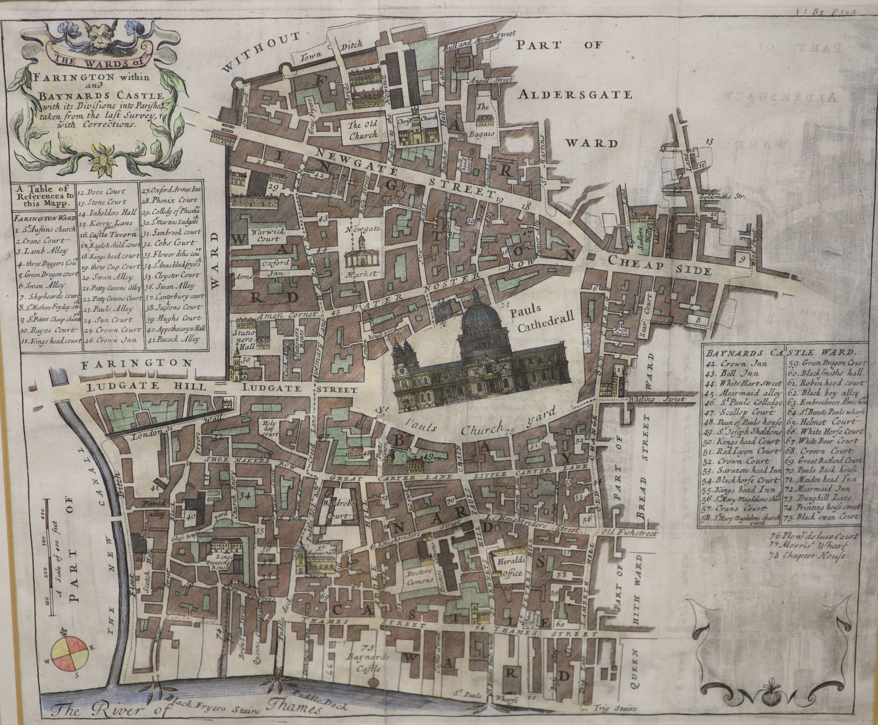 Two 18th century coloured engravings, The Wards of Farington within Baynards Castle and The Parish of St James Westminster, 31 x 37cm and 37 x 31cm